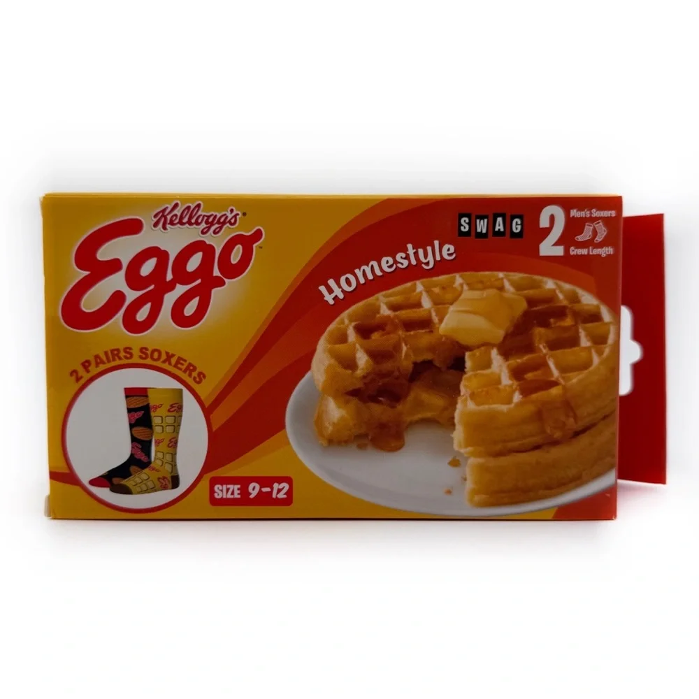 Eggo Waffles Crew Socks 2 Pairs Mens Womens Swag Fun Novelty Gift Waffle Box